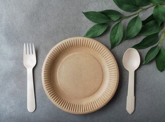 Poster - generativeAI set biodegradable tableware. green leaves - symbol of ecology/nature. set eco-friendly disposable plates natural materials.waste recycling, environmental protection; ecology