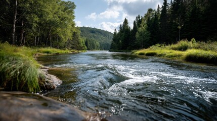 Poster - A winding river flows steadily through a lush green forest, reflecting sunlight and surrounded by tall trees. The peaceful atmosphere invites a sense of calm and connection with nature