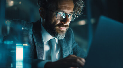 Poster - Serious businessman working late night on laptop computer screen in modern office wearing glasses  job