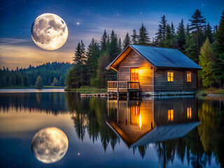 Wall Mural - a house is on a lake with a full moon in the sky
