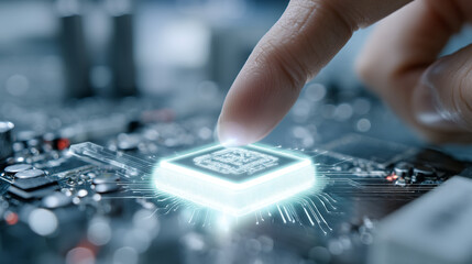 Poster - Closeup of a finger interacting with a glowing microchip circuit board technology image data wire touch 