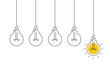 © natrot - Hanging light bulbs with one glowing on white background. Continuous line drawing light bulb. Concept of idea