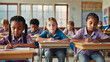 © Ben - This image shows a classroom scene with several children seated at wooden desks, engaged in writing.