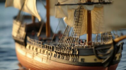 Poster - A model of a ship sitting on the surface of a body of water, great for depicting calm or peaceful scenes.