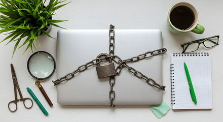 Poster - Laptop Secured with Metal Chain and Lock Amidst Office Supplies on White Desk