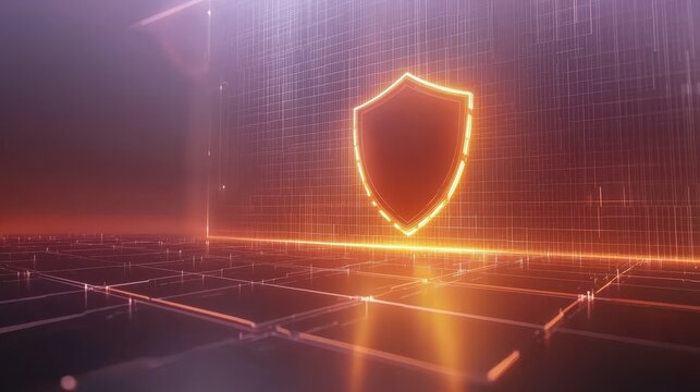 Shining silver shield on dark background, symbol of security and protection