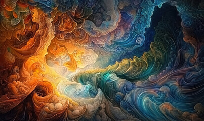Poster - abstract swirling patterns in vibrant colors resembling cosmic phenomena.