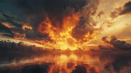 Poster - Breathtaking sunset over the tranquil ocean with vibrant colors casting shadows on the waves