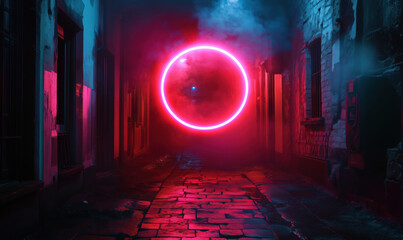 Poster - Neon circle glowing in foggy alleyway at night with vibrant colors and urban atmosphere.