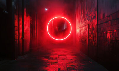 Poster - Mysterious red neon circle in foggy urban alleyway at night.