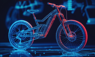 Poster - 3D Wireframe Model of Electric Mountain Bike with Neon Blue and Red Highlights.