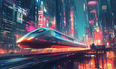 Poster - Futuristic high-speed train in neon-lit cyberpunk cityscape at night.