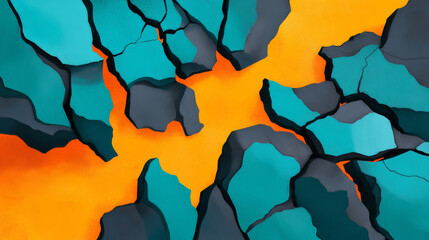 Leinwandbilder - Teal and orange cracked surface showcases an abstract design with bold colors and dynamic shapes, ideal for backgrounds