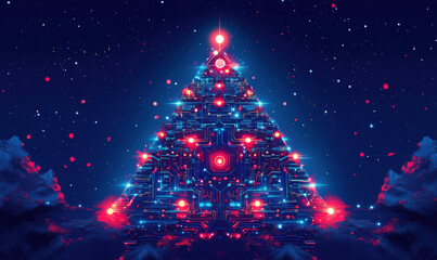 Poster - Futuristic Christmas tree design with neon lights and circuit patterns.