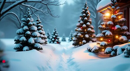 Wall Mural - a snowy landscape with trees and a house in the background.