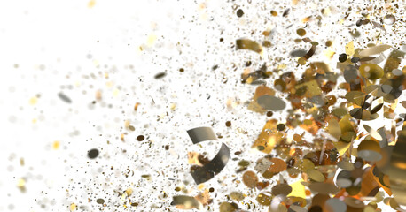Celebrate with this stunning image of gold confetti exploding against a white background. Perfect for party invitations