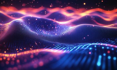 Poster - Abstract digital landscape with glowing waves and particles in vibrant colors.