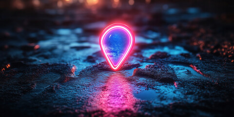 Poster - Neon location pin glowing on wet surface with vibrant reflections and bokeh background.