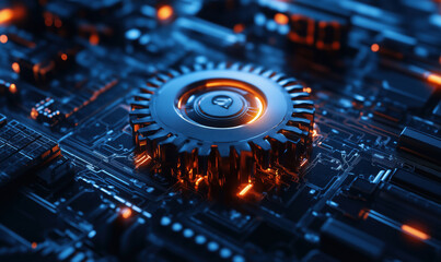 Poster - Futuristic circuit board with glowing gear and intricate electronic components.