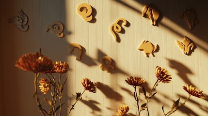 Poster - Decorative animal shapes create a warm ambiance on a wall with flowers during sunset
