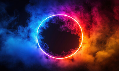 Poster - colorful neon circle surrounded by vibrant smoke in blue and orange hues.