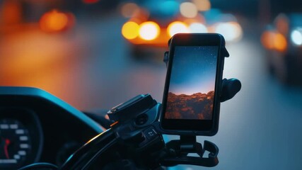 Poster - A phone mounted to a motorcycle handlebar for GPS navigation or hands-free calling.