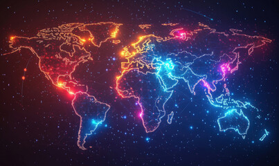 Poster - Colorful digital world map with glowing connections and starry background.