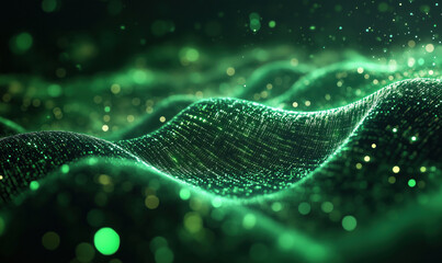 Poster - Abstract green wave patterns with glowing particles and digital texture.
