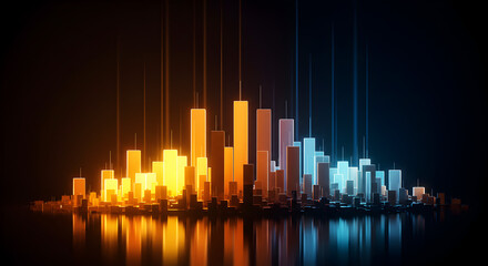 Poster - Abstract Cityscape with Blue and Orange Illuminated Buildings Reflecting on Dark Background