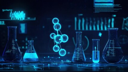 Poster - Futuristic Laboratory Scene with Glassware, Molecular Structures, and Digital Elements for Science and Technology Themes