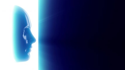 Man body made of chromed metal emerges or moves out of neon glowing energy wall. Minimal futuristic composition with character or robot. Technology 3d animation on dark background.