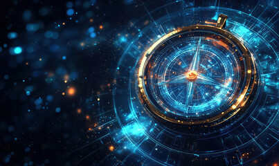 Poster - Futuristic digital compass with glowing elements and cosmic background.