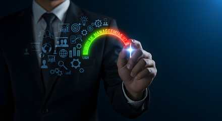 Poster - Businessman in Suit Points to Performance Indicator with Green to Red Gauge on Dark Blue Background
