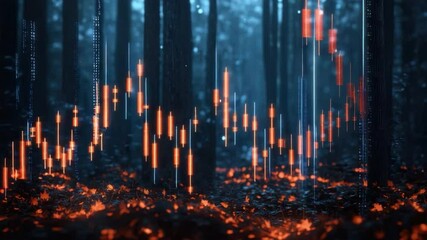 Poster - Abstract forest scene with glowing data visualizations and vibrant orange highlights in a misty environment