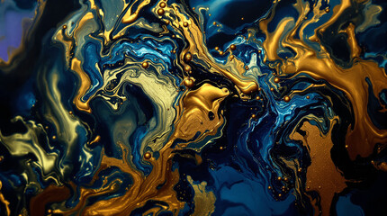 Poster - Celestial Symphony: A mesmerizing abstract swirl of rich gold and deep indigo hues dances across the canvas, evoking the ethereal beauty of the cosmos in a display of liquid artistry.