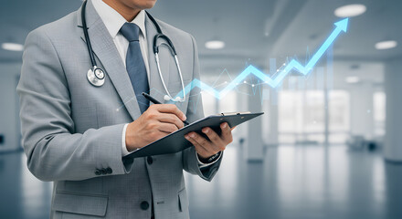 Aufkleber - Doctor Holding Clipboard with Blue Glowing Growth Arrow in Modern Hospital Environment
