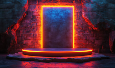 Poster - Futuristic neon portal with glowing frame and circular platform in dark stone environment.
