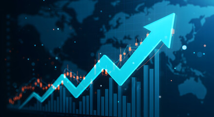 Poster - Financial Growth Chart with Upward Arrow in Blue Tones Against a World Map Background