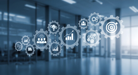 Poster - Gears Overlaying Modern Office Interior in Blue Tones Representing Strategy and Business Processes