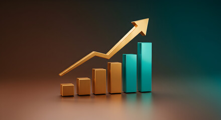 Aufkleber - Golden Arrow Ascending on Blue Bronze Columns Representing Growth and Success in Financial Markets