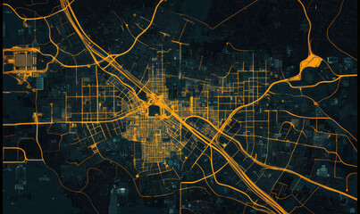 Poster - Urban street map with illuminated road networks and dark background.