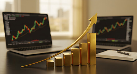 Poster - Golden Bar Graph with Upward Arrow Displaying Financial Growth on Laptops in a Modern Office Setting