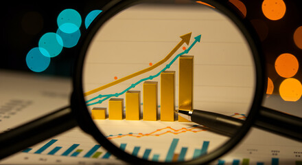 Poster - Golden Bar Graph with Upward Arrow Viewed Through Magnifying Glass Emphasizing Financial Growth and Data Analysis Against Bokeh Background