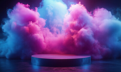 Poster - Colorful smoke clouds surrounding circular platform in vibrant lighting.