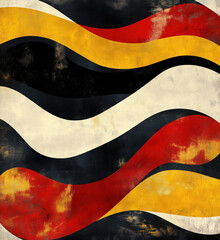 Poster - abstract wavy pattern in black, red, yellow, and cream colors with textured background.