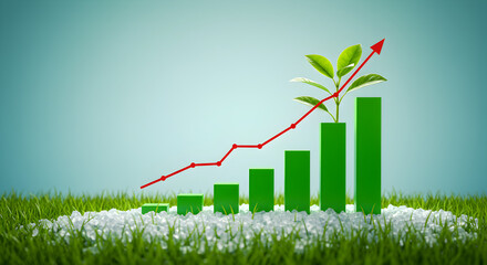 Aufkleber - Green Growth Chart with Red Arrow and Plant on White Stones and Green Grass in Blue Background