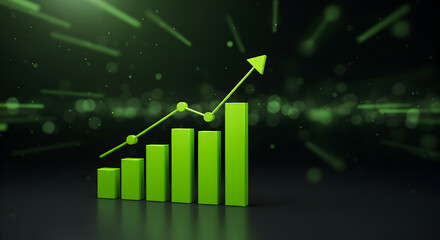 Poster - Green Upward Bar Chart with Arrow Illustrating Business Growth on Dark Background