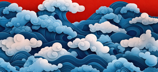 Poster - Stylized ocean waves and clouds in blue and white against vibrant red background.