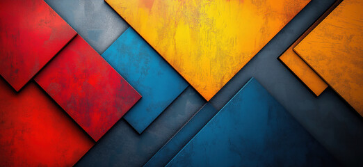 Poster - colorful geometric abstract background with red, blue, and yellow shapes.