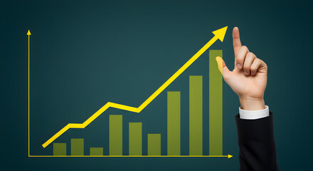 Poster - Hand Gesturing Towards Ascending Yellow Arrow and Green Bar Graph Against a Teal Background